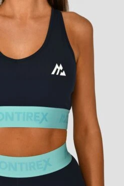 Icon Contrast Sports Bra - Midnight Blue/Arctic Blue/Neon Sky -MONTIREX CLOHTING SALE ICONCONTRASTSPORTSBRA NEONSKY MIDNIGHTBLUE CLOSEUPLOGO