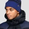 Peak Pom Beanie Hat - Space Blue/Midnight Blue 2 Peak Pom Beanie Hat - Space Blue/Midnight Blue -MONTIREX CLOHTING SALE PeakPomBeanieHat SpaceBlue MidnightBlue model