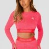 Trail Icon Long Sleeve Crop - Neon Pink/Red -MONTIREX CLOHTING SALE TRAIL ICON LS CROP NEON PINK MAGENTA PINK PUNCH SHOCKING PINK FIESTA RED close front