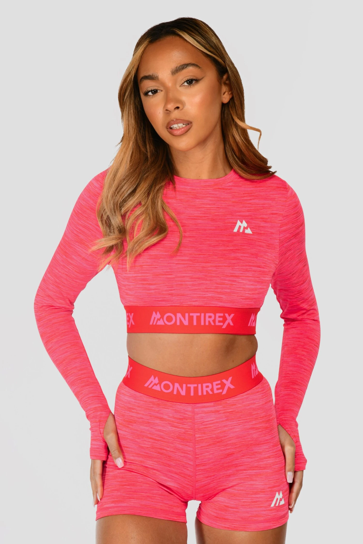 Trail Icon Long Sleeve Crop - Neon Pink/Red Trail Icon Long Sleeve Crop - Neon Pink/Red -MONTIREX CLOHTING SALE TRAIL ICON LS CROP NEON PINK MAGENTA PINK PUNCH SHOCKING PINK FIESTA RED close front scaled