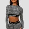 Trail Icon Long Sleeve Crop - Black/Grey Multi -MONTIREX CLOHTING SALE Trail Icon LS Crop GREY BLACK WHITE Close Front
